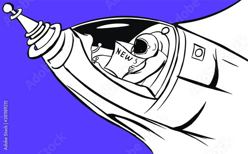 Vector black and white illustration. Astronaut sitting in rocket and  reading a newspaper