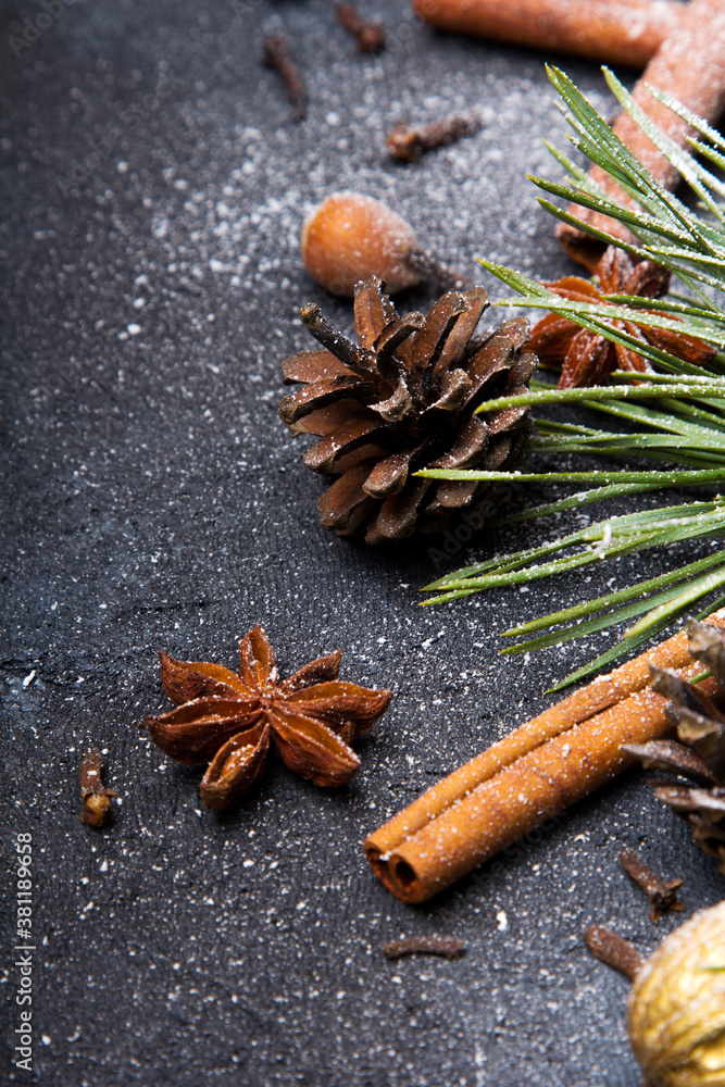 Beautiful Christmas Background with copy space for your text. Pine branch, cones, cinnamon, nuts covered with snow
