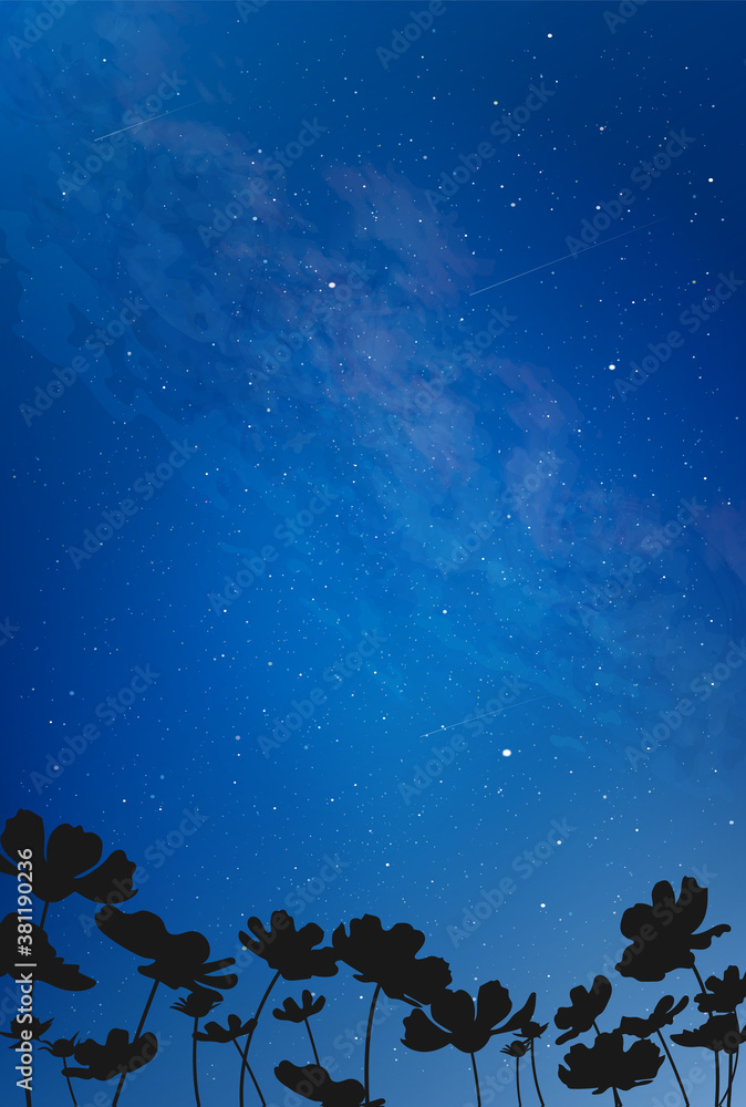 コスモスと宇宙 綺麗な夜空の風景イラスト