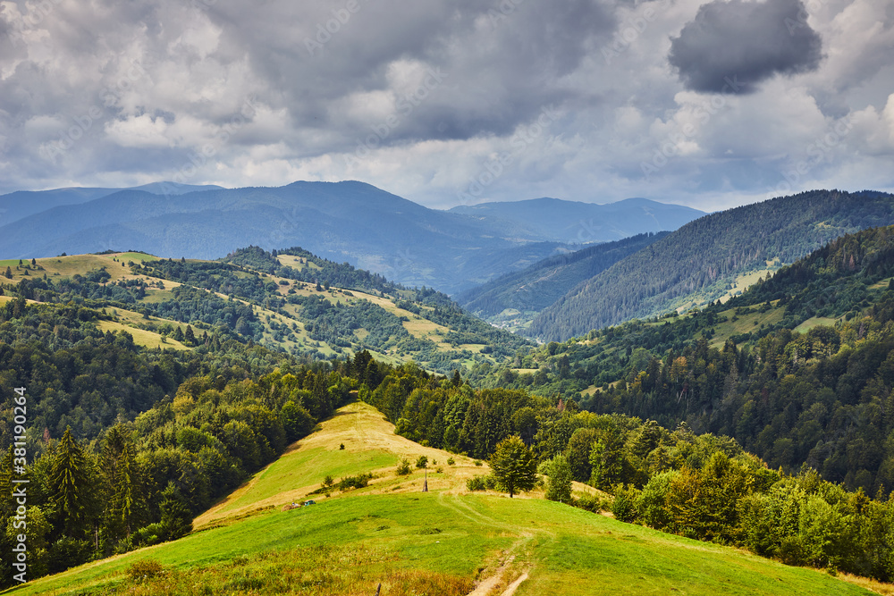 View from the Synevyr pass to the mountains in National Natural Park Synevir, Mizhhirya district of the Transcarpathian region, Ukraine