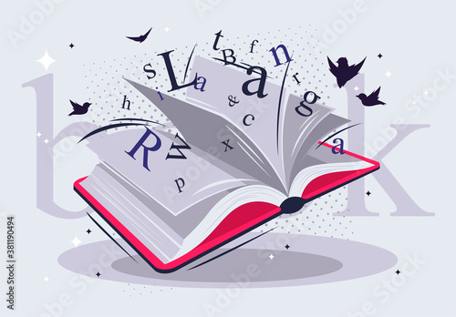 Vector illustration of an open book with pages, letters flying out of the pages of the book, silhouettes of small birds on the background