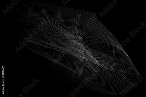 Abstract vector background of thin white wavy lines on black.