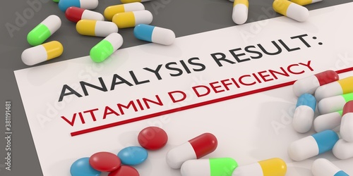 Vitamin D deficiency analysis result with some pills and tablets on desktop 3d illustration