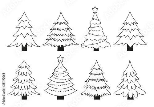 Christmas trees line icons set isolated on white background. Outline sign symbol winter trees collection for holiday xmas and new year. Vector illustration.