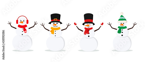 Set of christmas snowmans isolated on white background. Cheerful snowmen in different costumes and scarf and hat. Vector illustration for holiday xmas and new year.