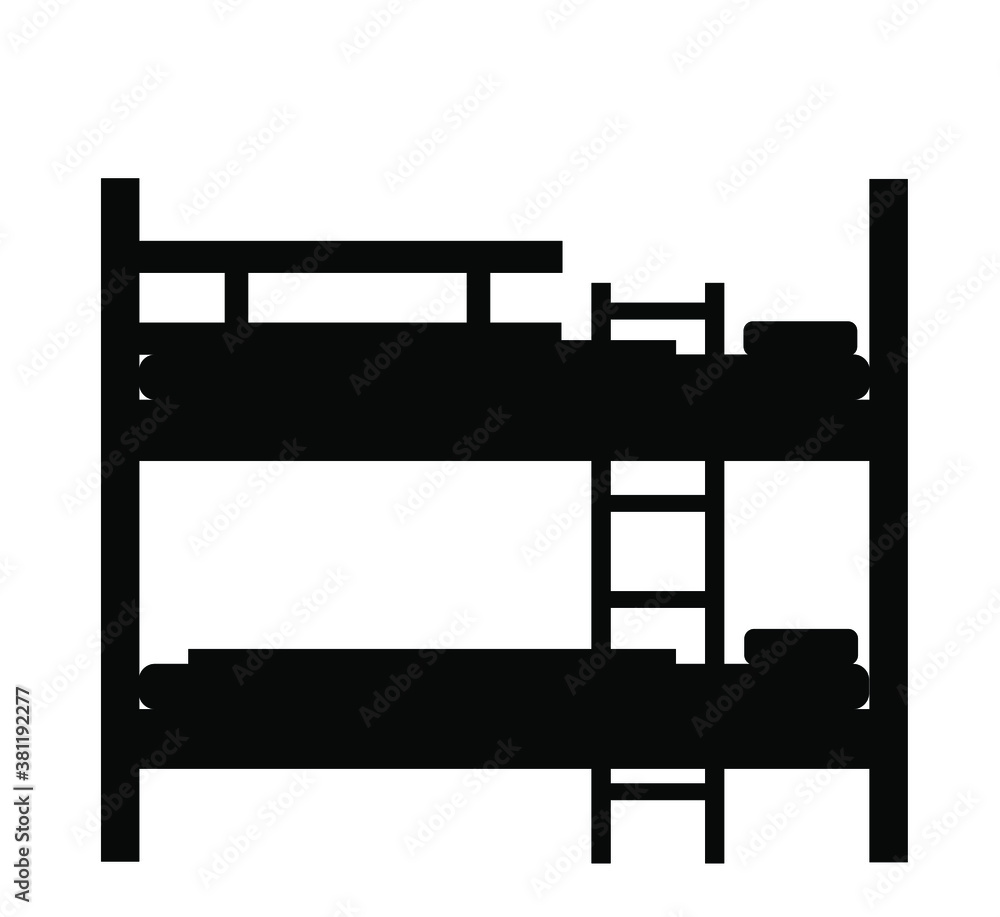 Bunk bed vector silhouette illustration isolated on white background. Double decker sleeping hostel bed. Bunk bed vector silhouette illustration isolated on white background. Double decker sleeping hostel bed.