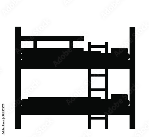 Bunk bed vector silhouette illustration isolated on white background. Double decker sleeping hostel bed.