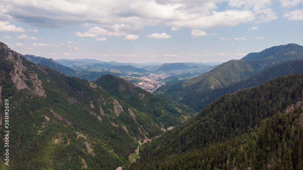 Landscape from the mountains with view to the town. Rhodope mountains. Bulgaria