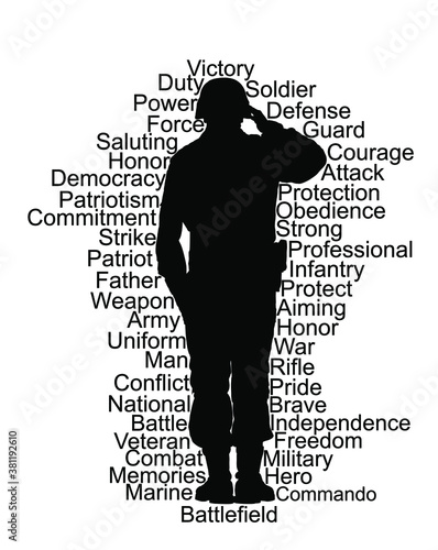 Saluting army soldier vector silhouette isolated on white background. (Memorial Veterans day, 4th of July, Independence day).