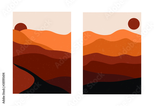 Set of abstract landscape posters. Modern background, contemporary boho desert and sun illustration, minimalist wall decor. Vector art print copy © Екатерина Заносиенко