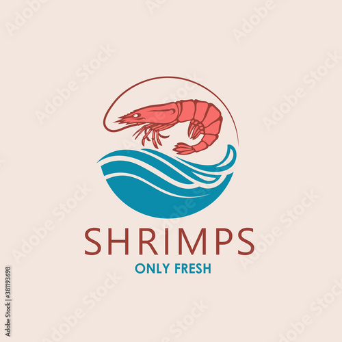 label of fresh shrimp and sea waves isolated