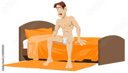 Daily Morning Life. Man of athletic build waking up. Funny people.