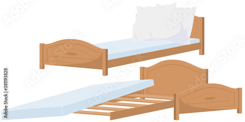Illustration for internet and mobile website. Unmade and broken bed.