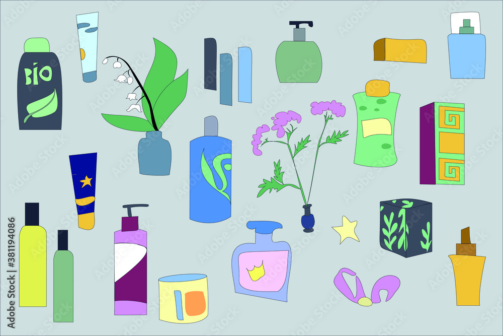 a set of women's cosmetics. Perfume shampoo and hygiene products hairspray comb flower star bow Flat vector color illustration a set of women's cosmetics. Perfume shampoo and hygiene products hairspray comb flower star bow Flat vector color illustration