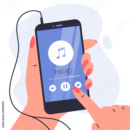 Podcast concept illustration. Webinar,online training. Podcast on phone.Concept for web landing page template, banner, flyer.Vector flat illustration on white background