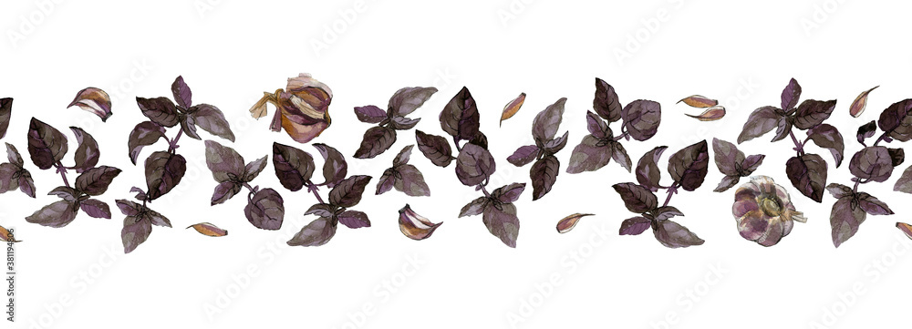 Seamless border of purple basil twigs and leaves and garlic cloves and ...