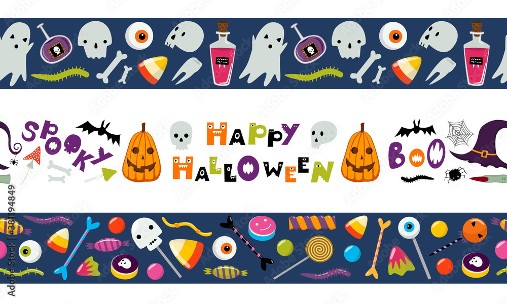 Set of seamless Halloween borders. Tape template. Vector illustration isolated on white. Ghost, trick or treat sweets, skull. Flat cartoon design. Border pattern for banners, washi tape, scrapbooking Set of seamless Halloween borders. Tape template. Vector illustration isolated on white. Ghost, trick or treat sweets, skull. Flat cartoon design. Border pattern for banners, washi tape, scrapbooking