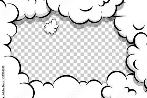 Comic book cartoon speech bubble for text. Cartoon puff cloud template on transparent background for text. Pop art dialog conversation funny smoke steam. Comics explosion symbol.