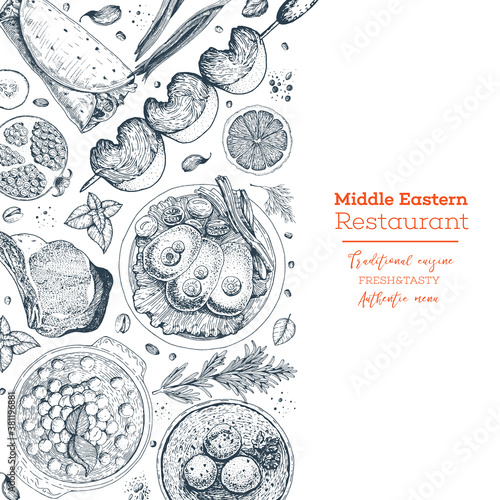 Middle eastern cuisine top view. Food menu design template with hummus, gefilte fish, kibbeh, falafel, kebab, shawarma . Vintage hand drawn sketch vector illustration.