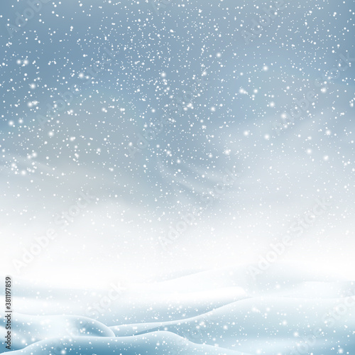 Natural Winter Christmas background with blue sky  heavy snowfall  snowflakes in different shapes and forms  snowdrifts. Winter landscape with falling christmas shining beautiful snow.