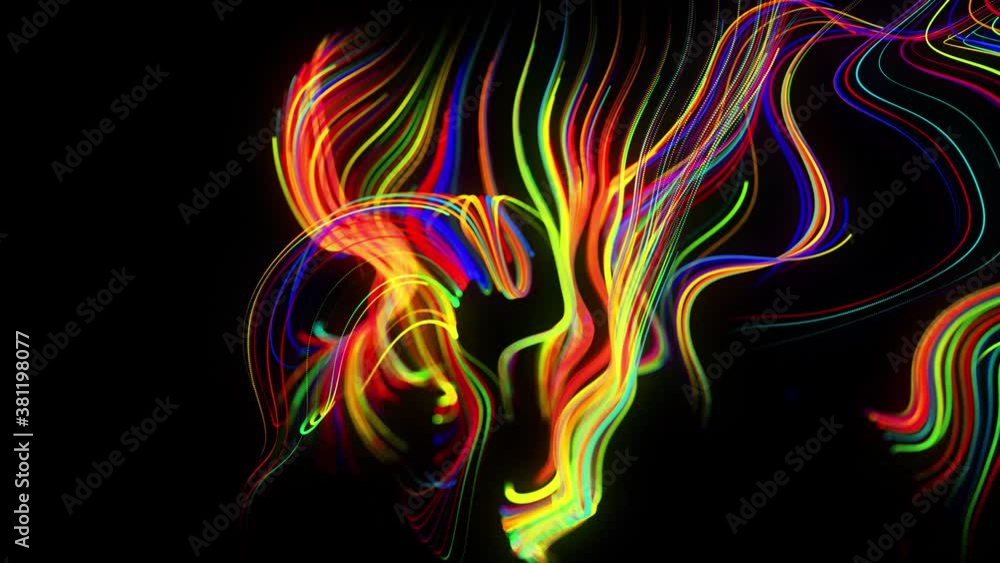 Abstract background flow of glow lines. Running lights particles form in 3d space glowing beautiful curved lines like ball of wires burning with neon light. Beautiful looped creative background in 4k. Abstract background flow of glow lines. Running lights particles form in 3d space glowing beautiful curved lines like ball of wires burning with neon light. Beautiful looped creative background in 4k.