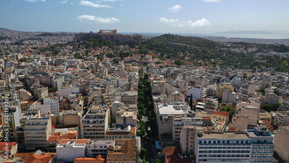 Aerial drone photo of rooftop urban Athens cityscape as seen in centre, Attica, Greece