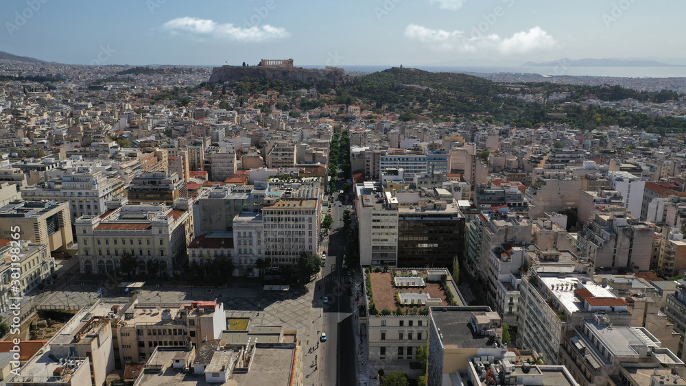 Aerial drone photo of rooftop urban Athens cityscape as seen in centre, Attica, Greece