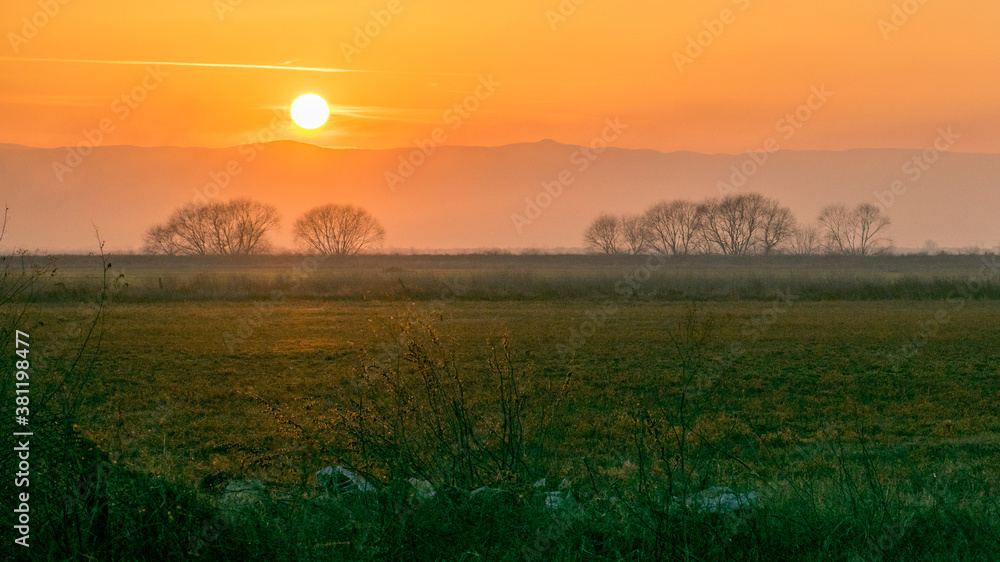 Upper Thracian lowland valley from Radinovo village at sunset over the field of alfalfa next to Potoka river and looking far behind to the north slopes of Rhodope Mountains in Bulgaria