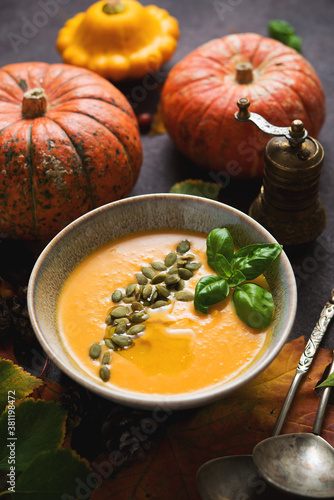Pumpkin soup in the autumn season,  concept of thanksgiving