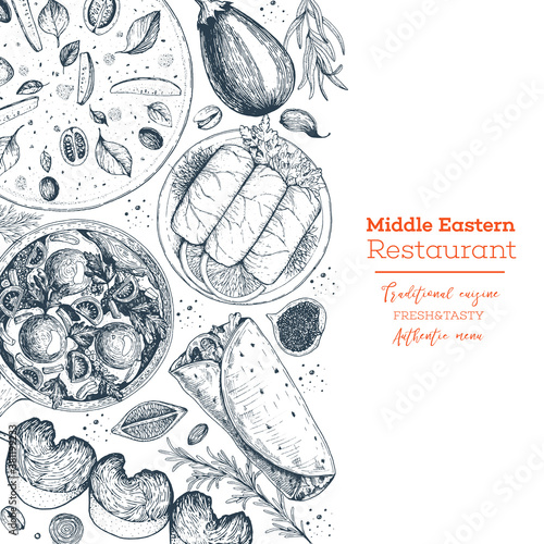 Middle eastern cuisine top view. Food menu design template with manakeesh, ,dolma, kebab, shawarma, shakshouka . Vintage hand drawn sketch vector illustration.