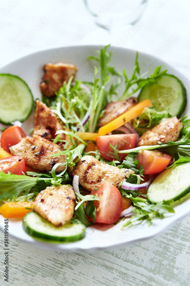 Healthy Salad with Chicken Breast, Cherry Tomatoes, Cucumber, Orange Pepper, Endive and Red Onion. Close up. Healthy Salad with Chicken Breast, Cherry Tomatoes, Cucumber, Orange Pepper, Endive and Red Onion. Close up.