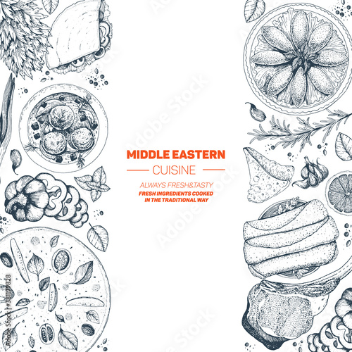Middle eastern cuisine top view. Food menu design template with manakeesh, falafel, rolls, kibbeh. Vintage hand drawn sketch vector illustration.