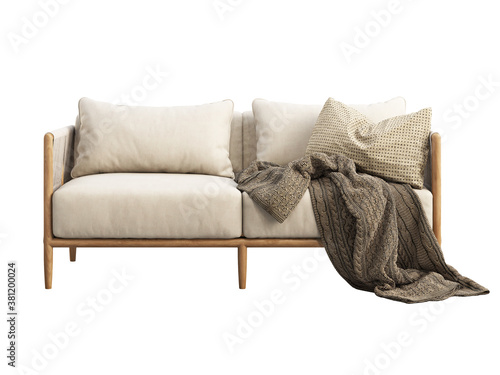 Fototapeta Naklejka Na Ścianę i Meble -  Light beige fabric sofa with pillow and plaid. 3d render