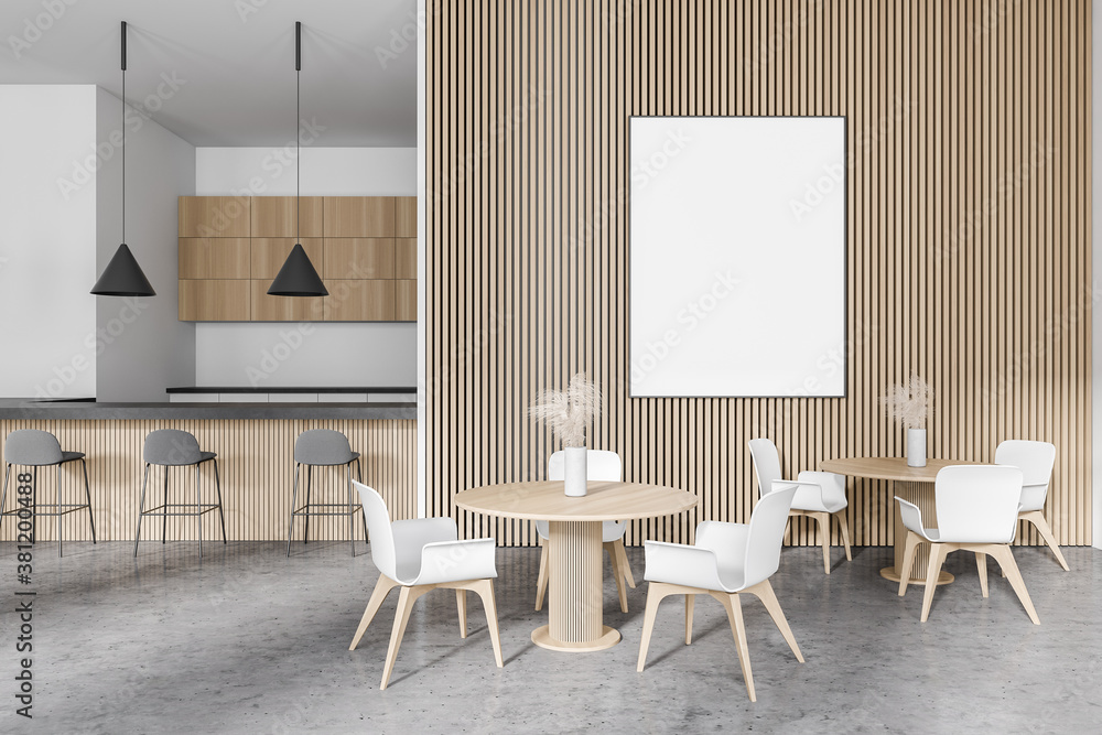 Poster in modern white and wooden restaurant with bar Poster in modern white and wooden restaurant with bar