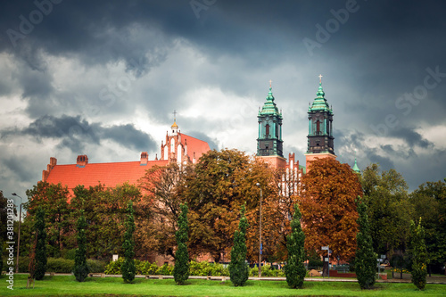View of Church of Saints Peter and Paul on Tumsky Island in rainy weather: Poznan / Poland - September 27, 2020