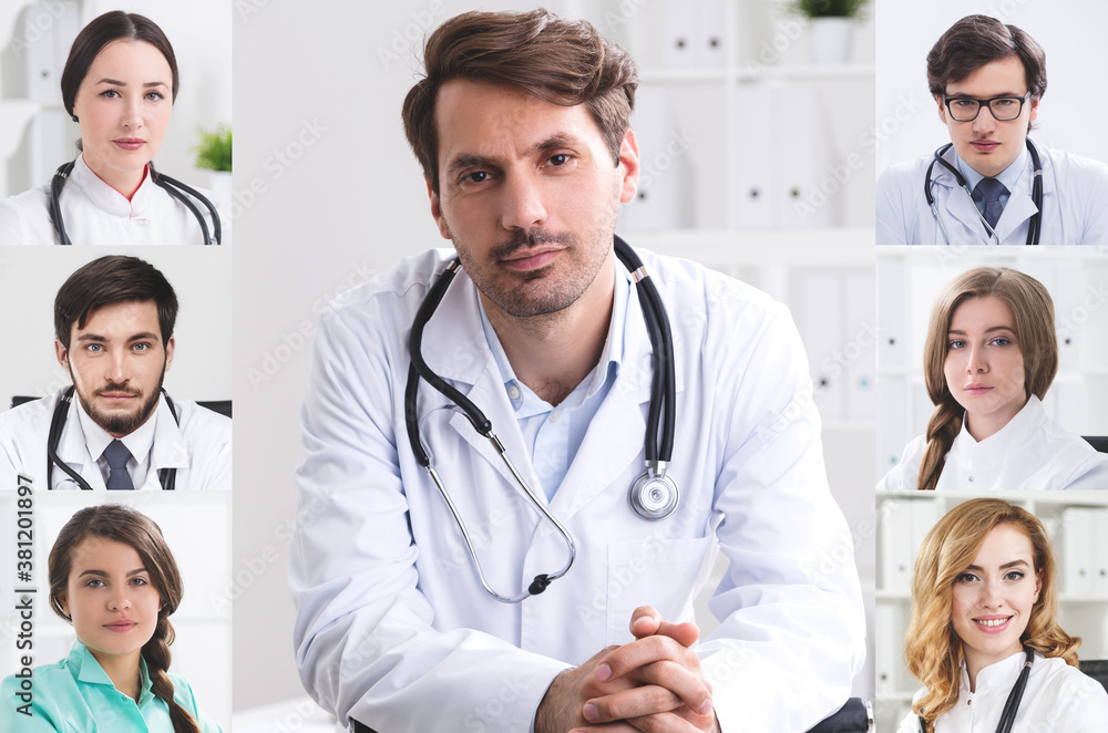 Fototapeta premium Seven medical doctors having video chat