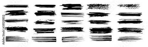 Thin and dirty brush stroke set. Grunge splashes stencil, very detailed texture and high quality manually tracked. Black ink splatter with brush strokes set. Silhouettes dirty liquid brushes. Vector