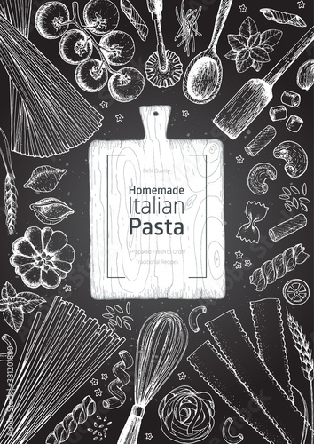 Italian pasta top view frame. Hand drawn vector illustration. Collection of pasta different types. Italian food design template. Engraved sketch style.