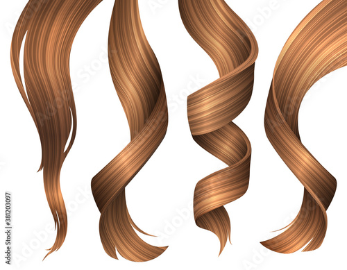 Set of Wavy Strands of Blonde Hair. Vector Realistic 3d Illustration. Design Element for Hairdressers, Beauty Salons, Hair Care Cosmetics, Shampoo or Conditioner Packaging