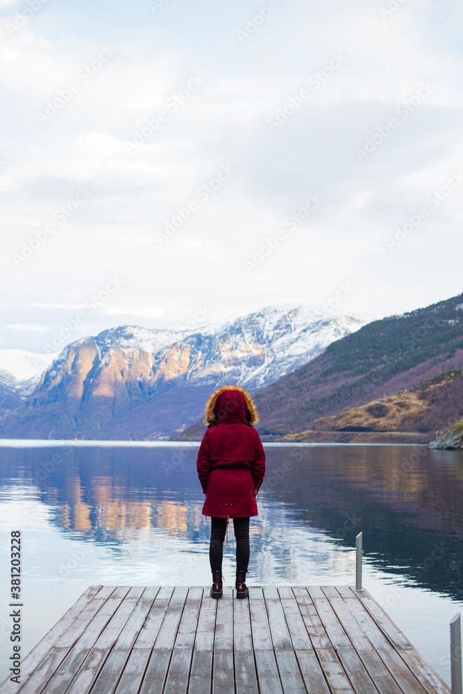 Norwegian fjord, village and mountains in winter. Mountain rural landscape view, Flam, Norway