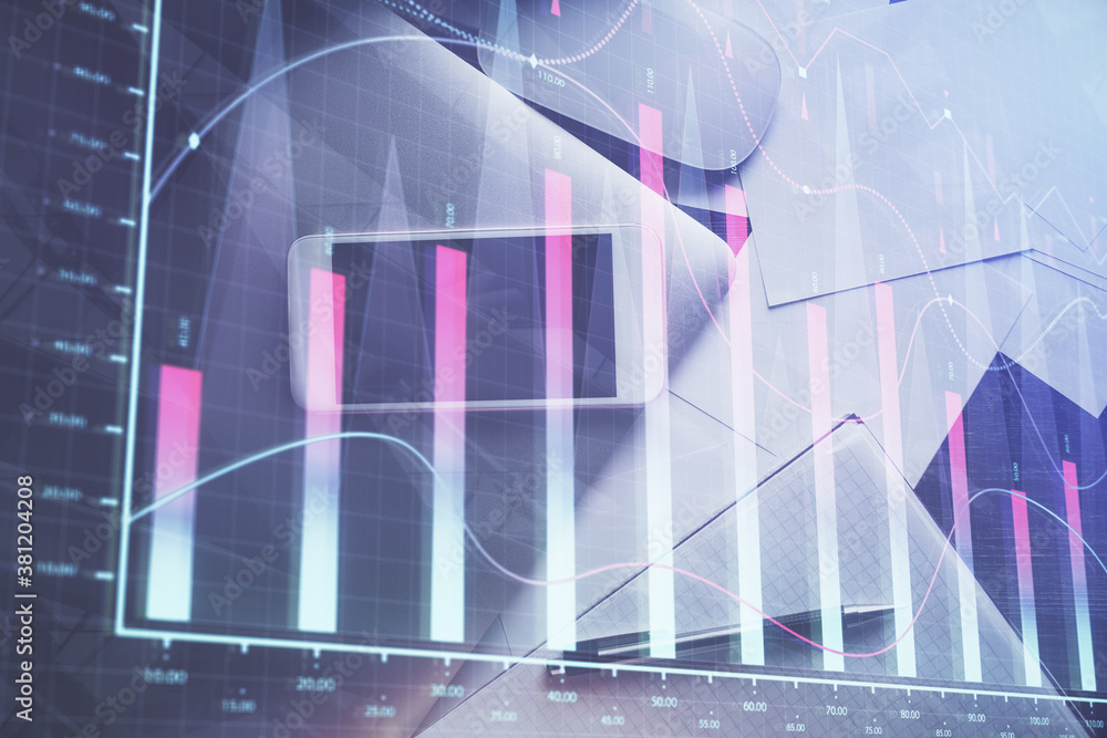 Multi exposure of forex graph hologram over desktop with phone. Top view. Mobile trade platform concept. Multi exposure of forex graph hologram over desktop with phone. Top view. Mobile trade platform concept.