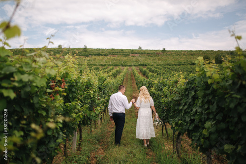 Groom and bride walking in vineyard in their wedding day. Blond hair woman in white dress hold wedding bouquet in hands © Aleksandr