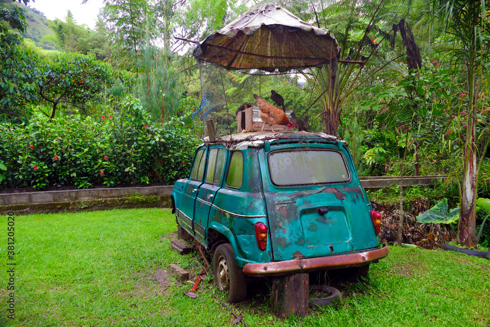 Old Rustic Car that Serves as a Henhouse in a Green Garden Old Rustic Car that Serves as a Henhouse in a Green Garden