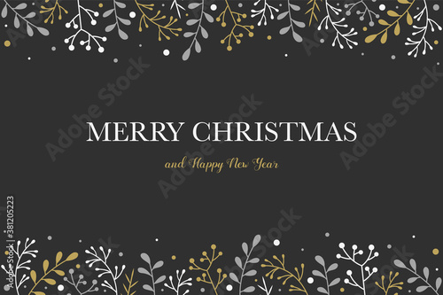 Concept of Christmas card with decorations and wishes. Xmas wreath with mistletoe branches. Vector