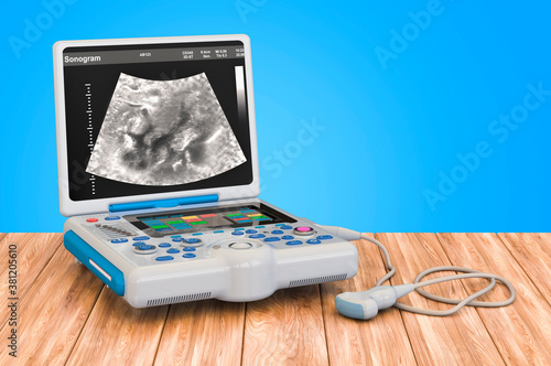 Portable medical ultrasound diagnostic machine on the wooden table, 3D rendering photo