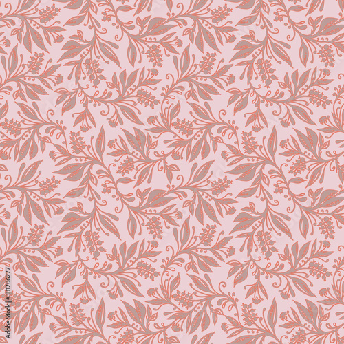 Floral seamless pattern with leaves and berries in coral, pink, taupe colors, hand-drawn and digitized. Design for wallpaper, textile, fabric, wrapping, background.