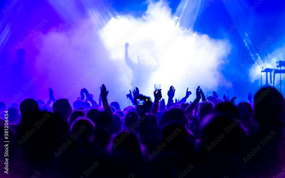 crowd of people dancing in front of the stage at rock concert