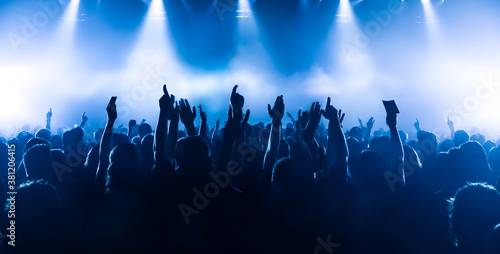 crowd of people dancing in front of the stage at rock concert photo