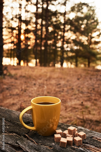 Yellow mug of tea and brown sugar on wooden table. Tea drinking at sunset in fores