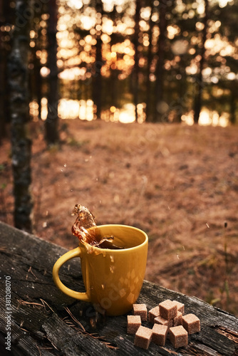 Yellow mug of tea and brown sugar on wooden table. Beautiful splashes of tea on background of autumn forest at sunset.